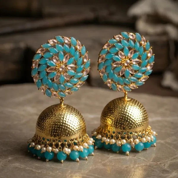 Turquoise_Brass_Gold_Tone_Jhumka_Earrings_For_Women