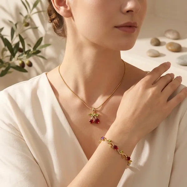 Combo_Gold_Chain_Cherry_Pendant_Necklace_with_Red_and_Green_Stones_and_Gold_Tone_Multicolor_Stone_Link_Bracelet
