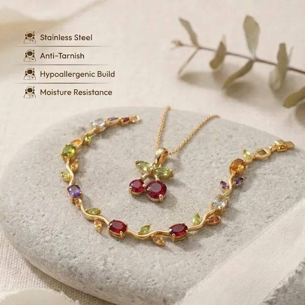 Combo_Gold_Chain_Cherry_Pendant_Necklace_with_Red_and_Green_Stones_and_Gold_Tone_Multicolor_Stone_Link_Bracelet