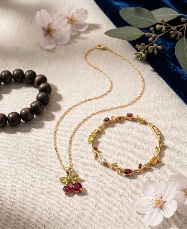 Combo_Gold_Chain_Cherry_Pendant_Necklace_with_Red_and_Green_Stones_and_Gold_Tone_Multicolor_Stone_Link_Bracelet