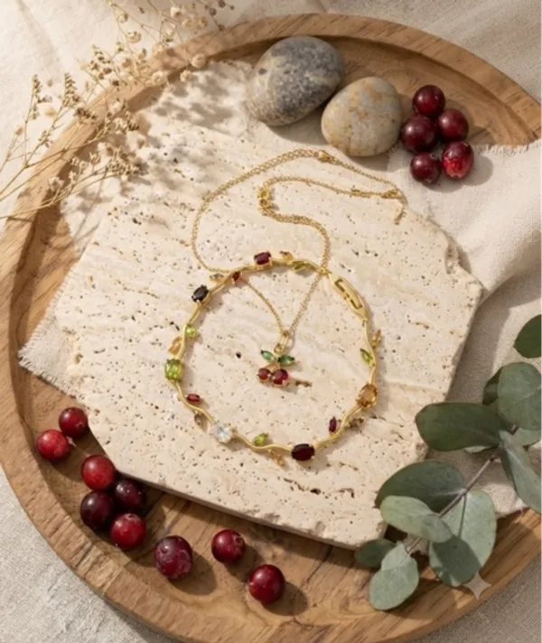 Combo_Gold_Chain_Cherry_Pendant_Necklace_with_Red_and_Green_Stones_and_Gold_Tone_Multicolor_Stone_Link_Bracelet