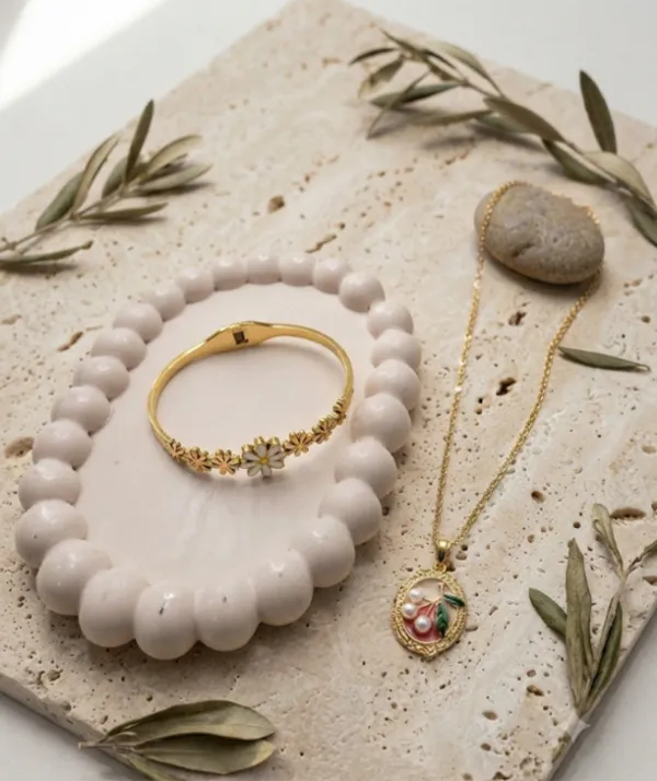 Combo_Gold_Plated_Cherry_Enamel_Pendant_Necklace_Gold_Floral_Bracelet_With_White_Beaded_Accessory_for_Women