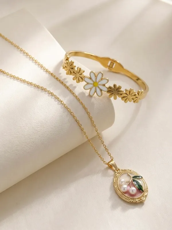 Combo_Gold_Plated_Cherry_Enamel_Pendant_Necklace_Gold_Floral_Bracelet_With_White_Beaded_Accessory_for_Women