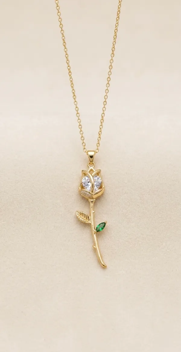 White_Gold_Stainless_Steel_Rose_Pendant_Green_Stone_Chain_For_Women