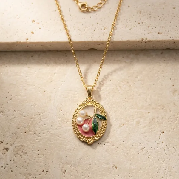 Gold_Stainless_Steel_Cherry_Enamel_Pendant_Chain_Necklace_For_Women