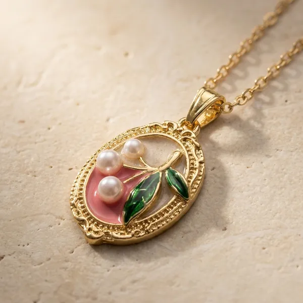 Gold_Stainless_Steel_Cherry_Enamel_Pendant_Chain_Necklace_For_Women