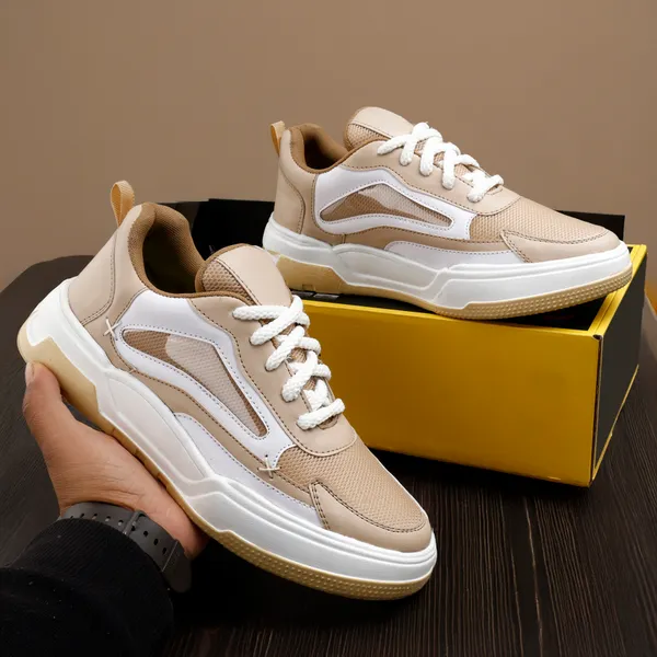 Cream_Synthetic_Leather_Sports_Shoes_For_Men