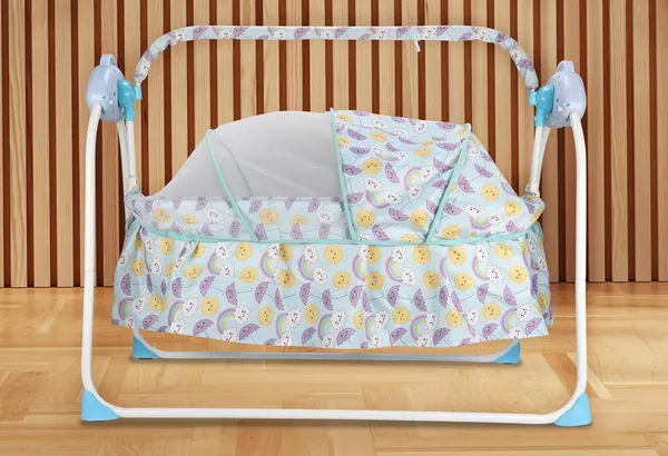 Mlu_Baby_Cradle_Bassinet_With_Remote_Control_Automatic_Swing_3_Timer_Settings_Music_And_Bluetooth_Electric_Auto_Rocking_Bassinet_Blue_And_White_Frame