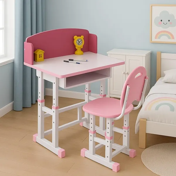 Mlu_Kids_Study_Table_And_Chair_Set_Adjustable_Height_Desk_For_Children_Write_Erase_Tabletop_Ergonomic_Design_Durable_Pink_Study_Desk_With_Storage_Shelf_Table_Size_68_48_86_Cm