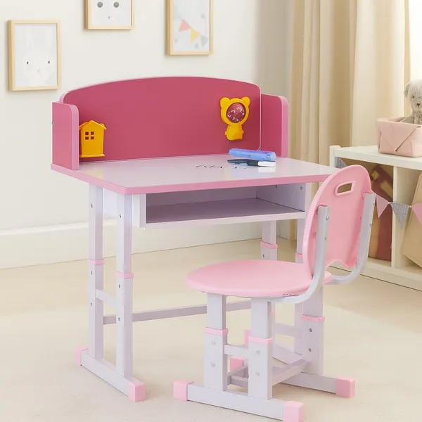 Mlu_Kids_Study_Table_And_Chair_Set_Adjustable_Height_Desk_For_Children_Write_Erase_Tabletop_Ergonomic_Design_Durable_Pink_Study_Desk_With_Storage_Shelf_Table_Size_68_48_86_Cm