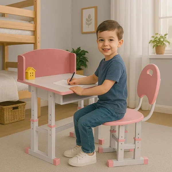 Mlu_Kids_Study_Table_And_Chair_Set_Adjustable_Height_Desk_For_Children_Write_Erase_Tabletop_Ergonomic_Design_Durable_Pink_Study_Desk_With_Storage_Shelf_Table_Size_68_48_86_Cm