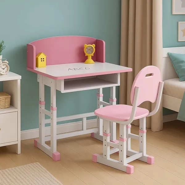 Mlu_Kids_Study_Table_And_Chair_Set_Adjustable_Height_Desk_For_Children_Write_Erase_Tabletop_Ergonomic_Design_Durable_Pink_White_Study_Desk_With_Storage_Shelf_Table_Size_68_48_86_Cm
