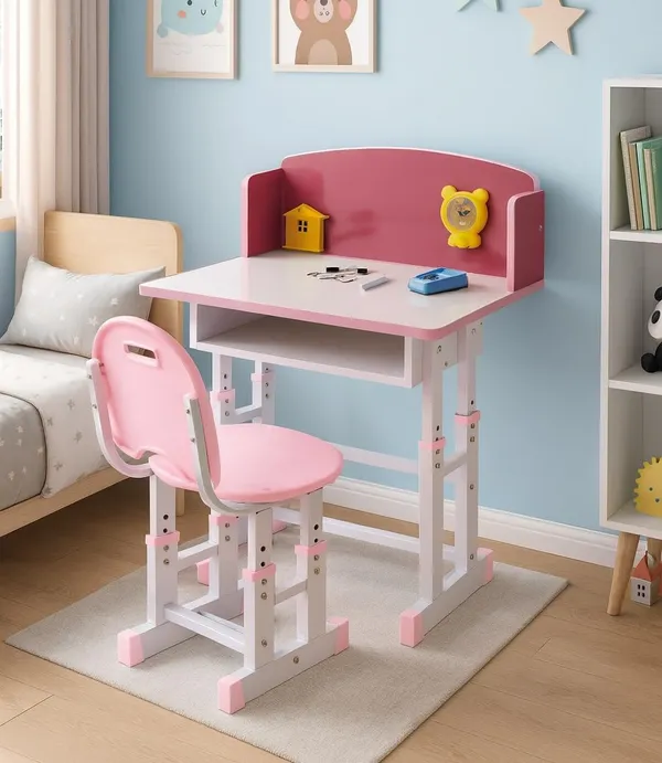 Mlu_Kids_Study_Table_And_Chair_Set_Adjustable_Height_Desk_For_Children_Write_Erase_Tabletop_Ergonomic_Design_Durable_Pink_White_Study_Desk_With_Storage_Shelf_Table_Size_68_48_86_Cm