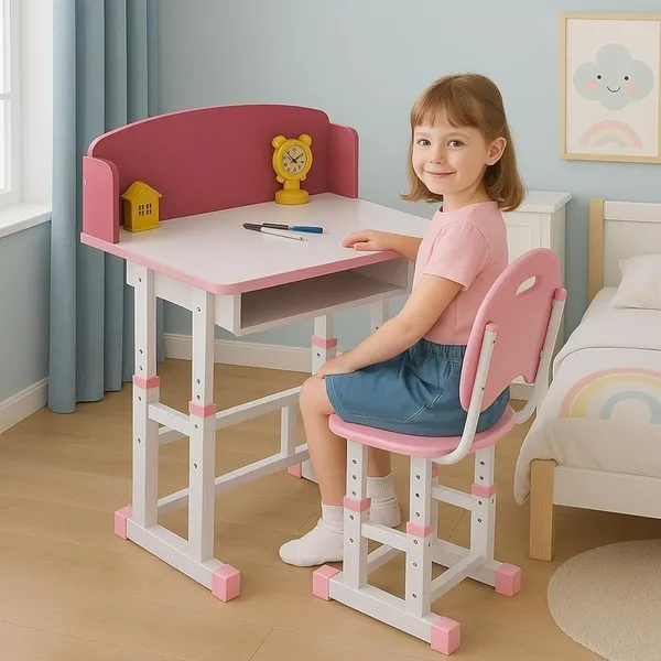 Mlu_Kids_Study_Table_And_Chair_Set_Adjustable_Height_Desk_For_Children_Write_Erase_Tabletop_Ergonomic_Design_Durable_Pink_White_Study_Desk_With_Storage_Shelf_Table_Size_68_48_86_Cm