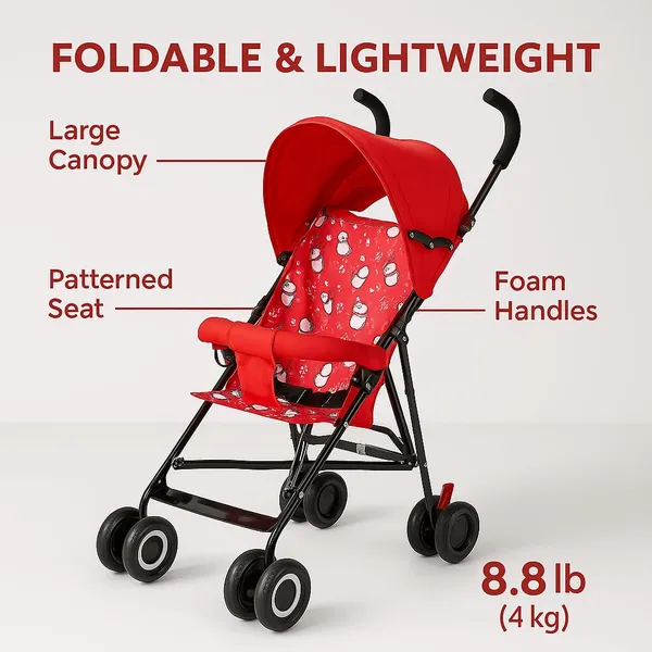 Product_Summary_Mlu_Lightweight_Foldable_Baby_Stroller_With_Safety_Belt_Large_Canopy_Padded_Front_Bar_Compact_Travel_Pram_For_6_48_Months_Dual_Wheels_Foam_Handles_Shock_Absorbing_Frame_Red