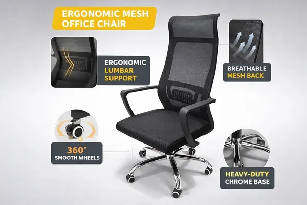 Mlu_Ergonomic_Mesh_Office_Chair_With_Lumbar_Support_Thick_Cushion_Seat_Fixed_Armrests_Heavy_Duty_Chrome_Base_360_Swivel_Wheels_135_Recline_Comfortable_Desk_Chair_For_Home_Office_Black
