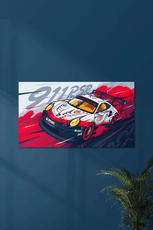 White_Porsche_911_Rsr_Racing_Car_Poster_With_Red_Graphic
