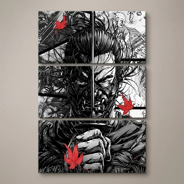 Black_And_White_Samurai_With_Red_Maple_Leaves_Wall_Art