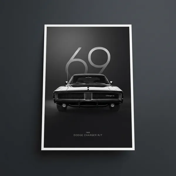1969_Dodge_Charger_R/T_Black_And_White_Vintage_Car_Poster