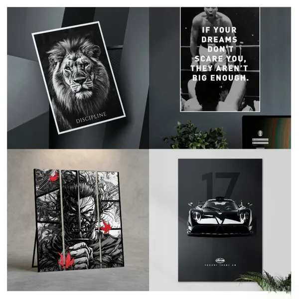 Black_And_White_Lion_Discipline_,_Motivational_Quote_,_Monochrome_Samurai_Warrior_And_Black_Pagani_Huayra_Trans_Am_Sports_Car__Wall_Art_Poster