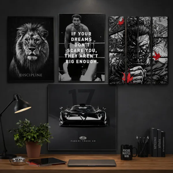 Black_And_White_Lion_Discipline_,_Motivational_Quote_,_Monochrome_Samurai_Warrior_And_Black_Pagani_Huayra_Trans_Am_Sports_Car__Wall_Art_Poster