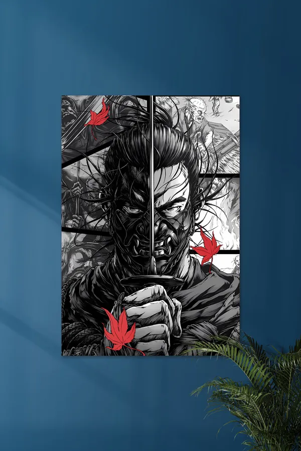 Black_And_White_Samurai_With_Red_Maple_Leaves_Wall_Art
