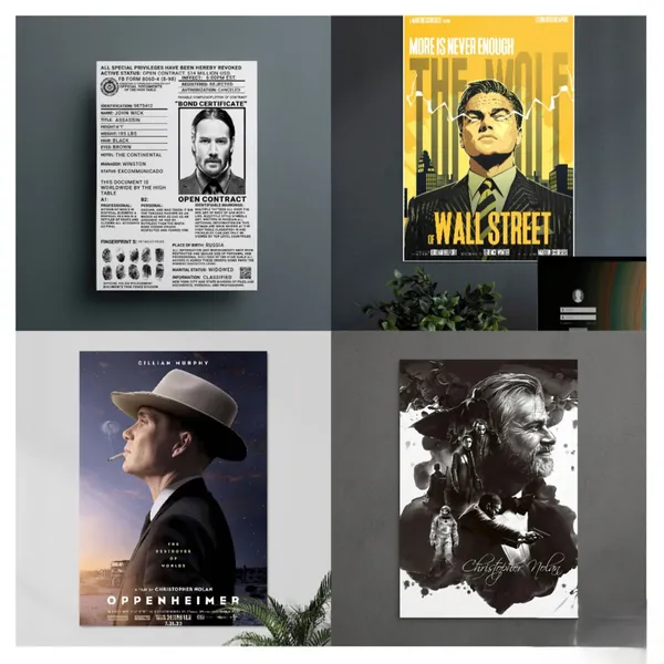 John_Wick_Bond_Certificate_Poster_,_The_Wolf_Of_Wall_Street_Movie_,_Oppenheimer_Movie_Poster_Featuring_Cillian_Murphy_And_Christopher_Nolan_Monochrome_Film_Tribute_Wall_Art,_Pack_of_4
