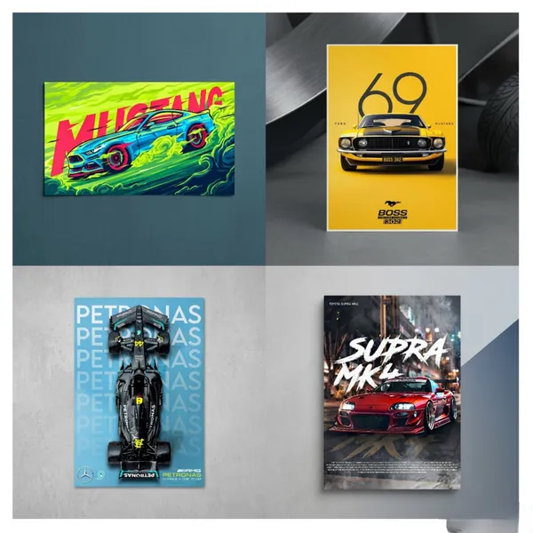 Mustang_Neon_Sports_Car_,_1969_Ford_Mustang_Boss_302_Yellow_Vintage_,_Mercedes-Amg_Petronas_Formula_One_Team_And_Toyota_Supra_Mk4_Red_Sports_Car_Wall_Art_Poster,__Pack_of_4