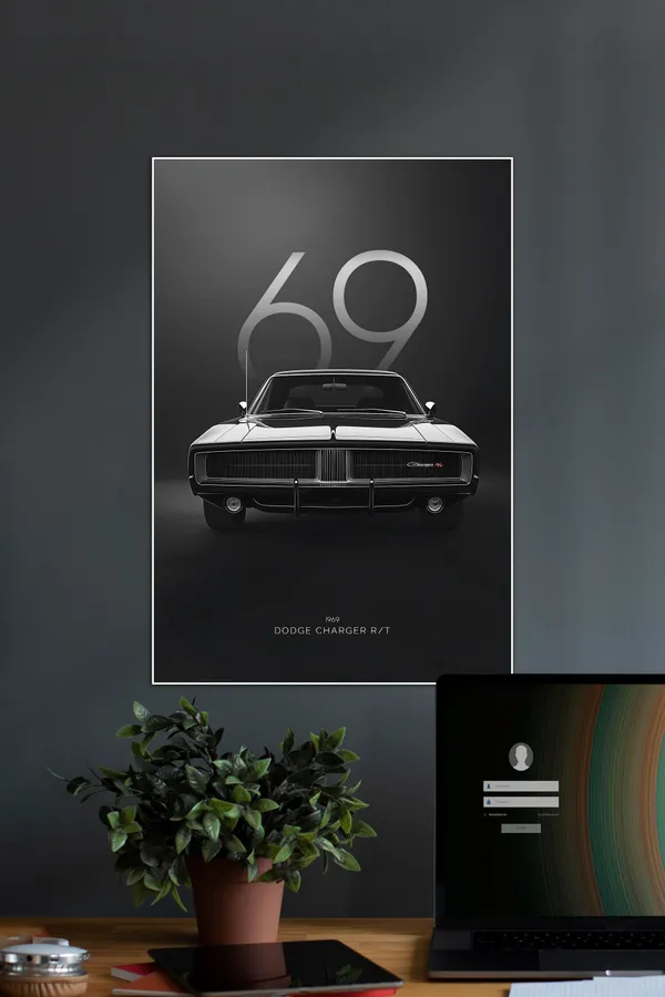 1969_Dodge_Charger_R/T_Black_And_White_Vintage_Car_Poster