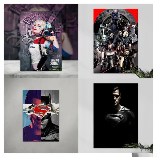 Suicide_Squad_Harley_Quinn_Character_,_Marvel_Avengers_Infinity_War_Collage__,_Batman_Vs_Superman_Split_Portrait_And_Black_And_White_Superman_Monochrome_Movie_Poster,_Pack_of_4