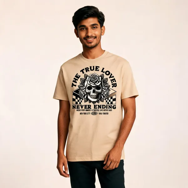 Beige_Cotton_Front_Print_T-Shirt_For_Men