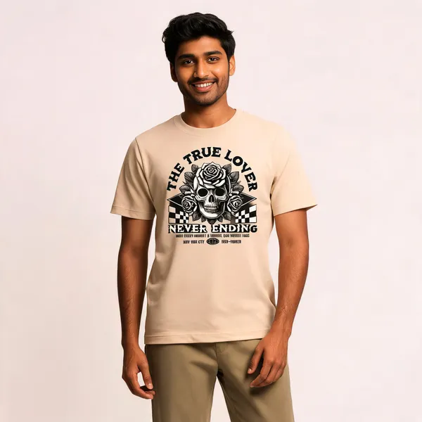 Beige_Cotton_Front_Print_T-Shirt_For_Men