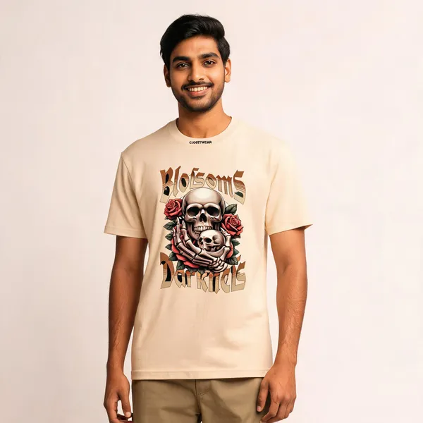Beige_Cotton_Front_Print_T-Shirt_For_Men