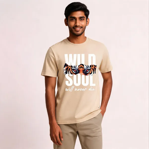 Beige_Cotton_Front_Print_T-Shirt_For_Men
