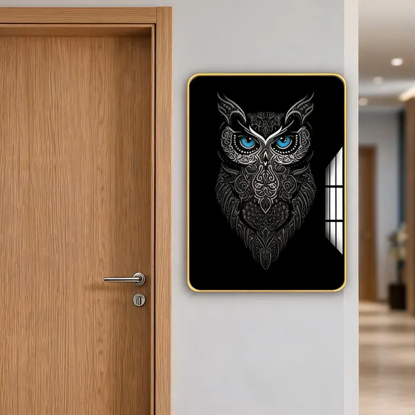 Mdf_Acrylic_Decorative_Wise_Owl_Golden_Edge_Wall_Mounted_Frame