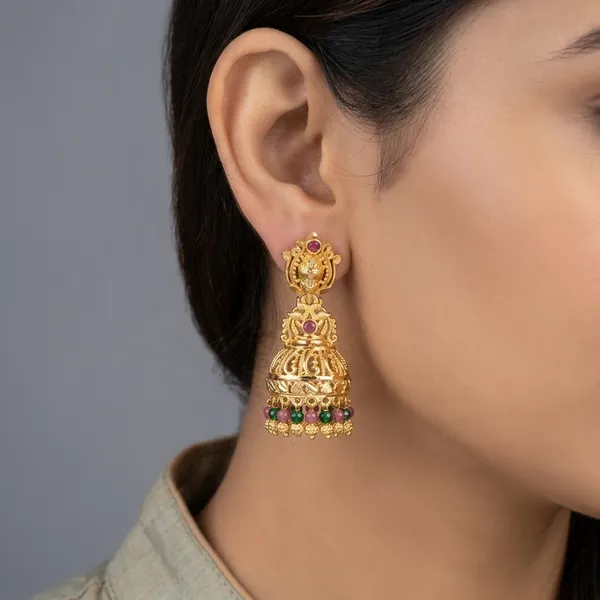 Gold_Panchaloha_Ruby_Emerald_Stone_Jhumka_Earrings_For_Women