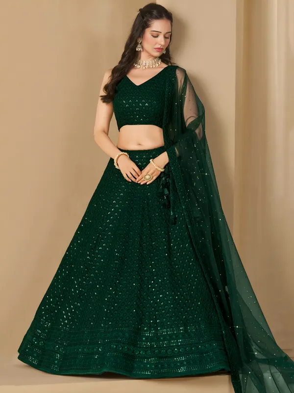 Bottle_Green_Georgette_Lehenga_For_Women