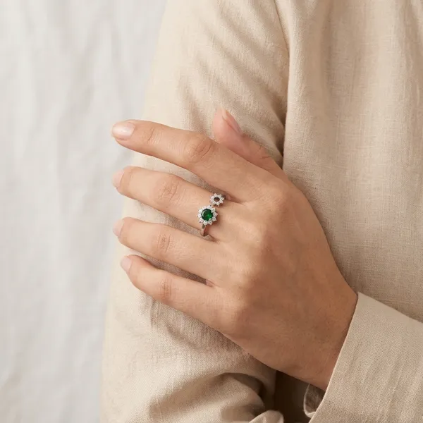 Silver_Metal_Floral_Green_Stone_Adjustable_Ring_For_Women