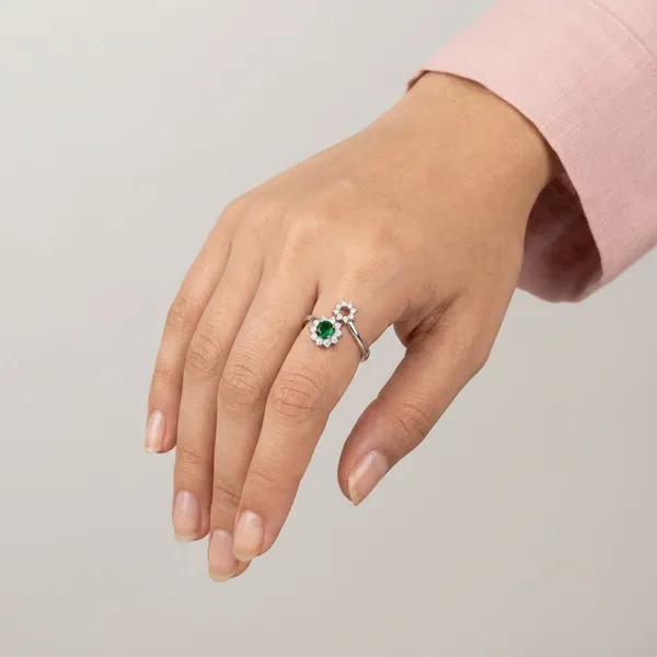 Silver_Metal_Floral_Green_Stone_Adjustable_Ring_For_Women