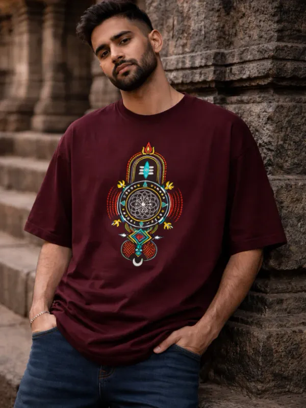 Shiv__Shakti_Maroon_Cotton_Oversized_T-Shirt