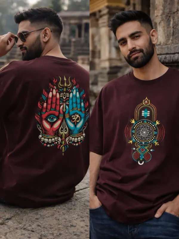 Shiv__Shakti_Maroon_Cotton_Oversized_T-Shirt