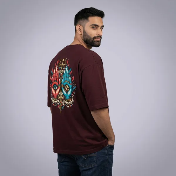 Shiv__Shakti_Maroon_Cotton_Oversized_T-Shirt
