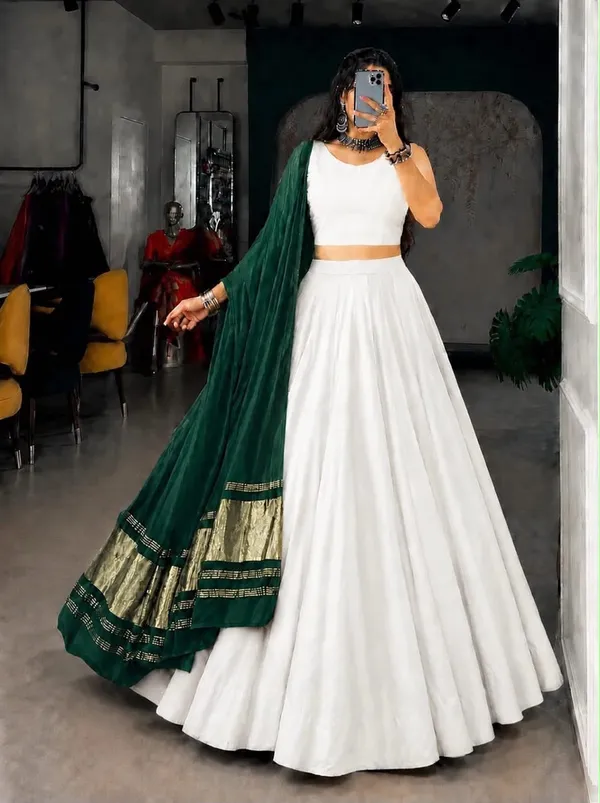 Flared_Plain_Lehenga_Choli_Set_with_Woven_Border_Dupatta