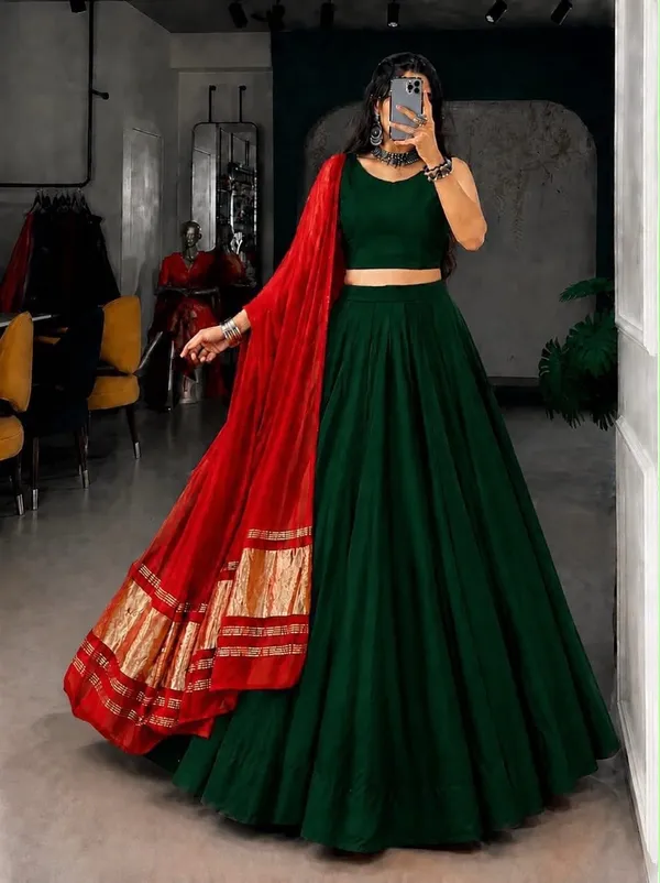 Flared_Plain_Lehenga_Choli_Set_with_Woven_Border_Dupatta