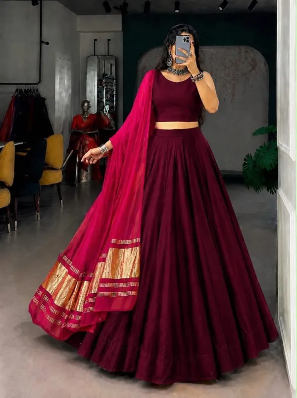Flared_Plain_Lehenga_Choli_Set_with_Woven_Border_Dupatta