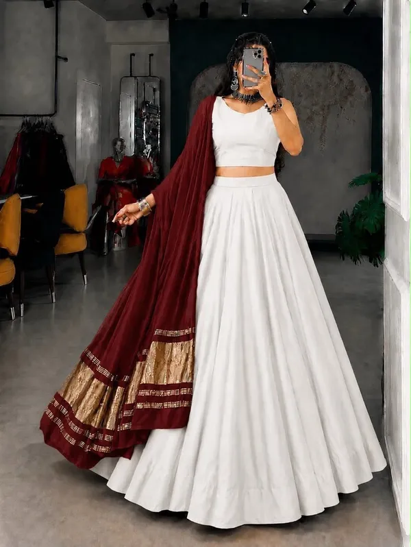 Flared_Plain_Lehenga_Choli_Set_with_Woven_Border_Dupatta
