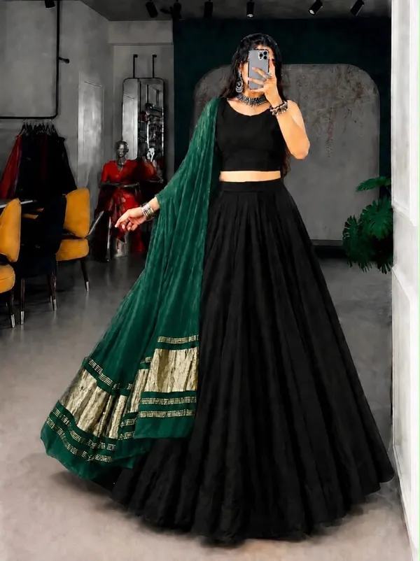 Flared_Plain_Lehenga_Choli_Set_with_Woven_Border_Dupatta