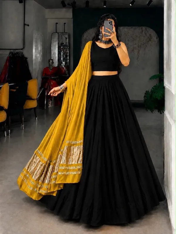 Flared_Plain_Lehenga_Choli_Set_with_Woven_Border_Dupatta