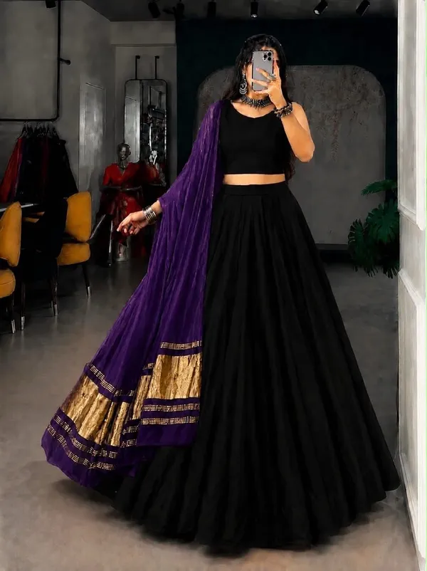 Flared_Plain_Lehenga_Choli_Set_with_Woven_Border_Dupatta