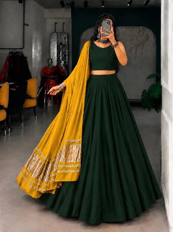 Flared_Plain_Lehenga_Choli_Set_with_Woven_Border_Dupatta